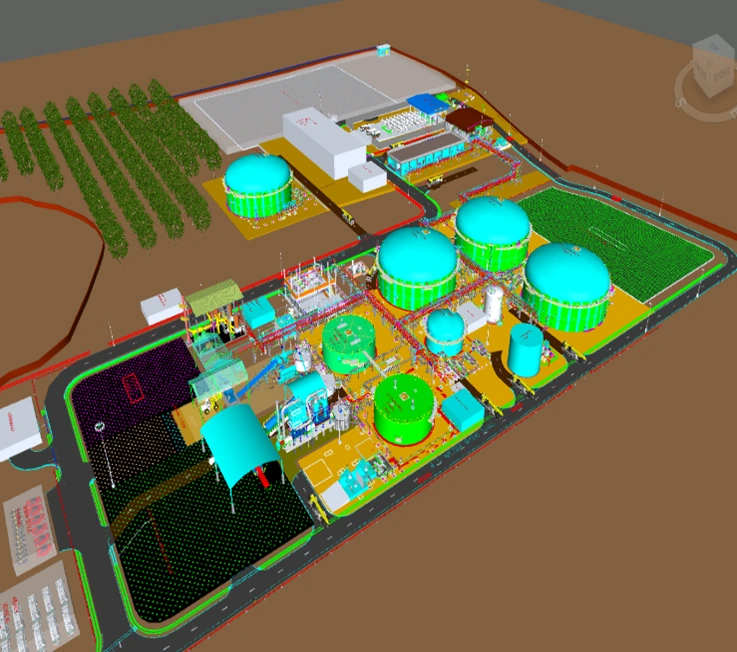 3D BIM model of an industrial plant showing large storage tanks, piping systems, processing units, and facility layout with detailed infrastructure and road access.
