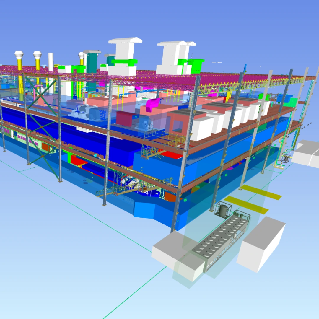 3D BIM model of a multi‑level parking structure with rooftop parking, lighting poles, and detailed architectural and structural elements.