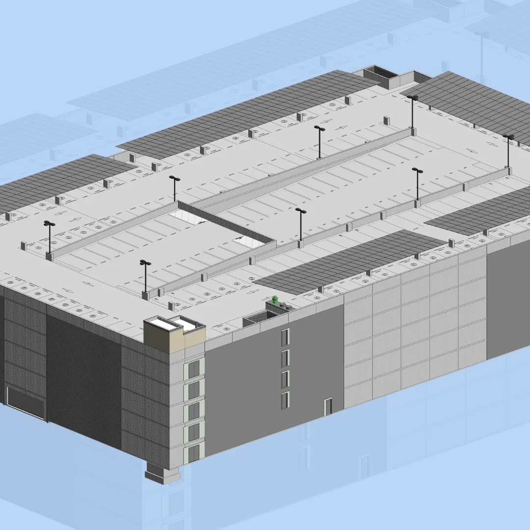 3D BIM model of a multi‑level parking structure with rooftop parking, lighting poles, and detailed architectural and structural elements.