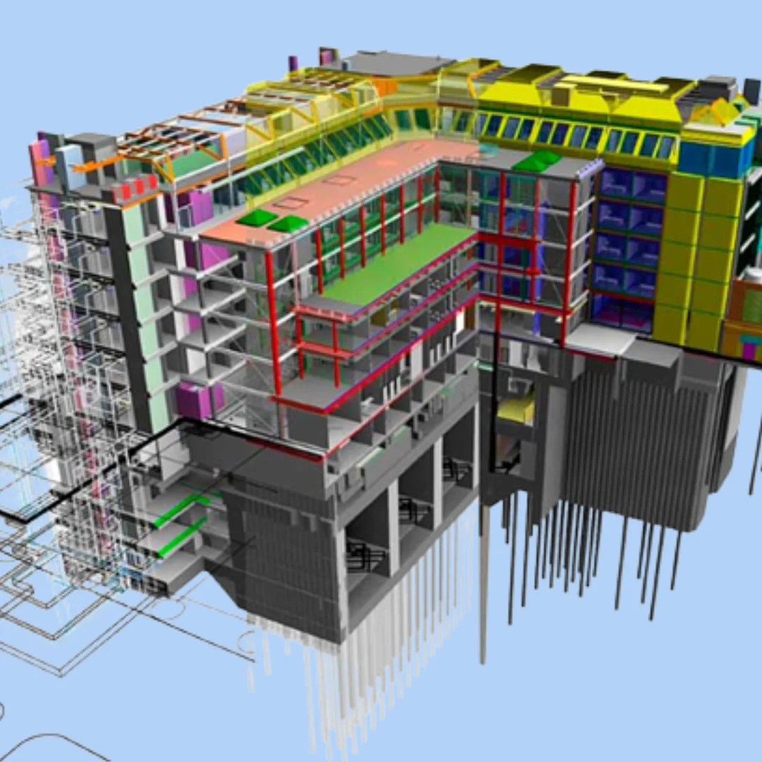 3D BIM model of a multi‑story building showing architectural, structural, and MEP systems in a detailed digital construction visualization.