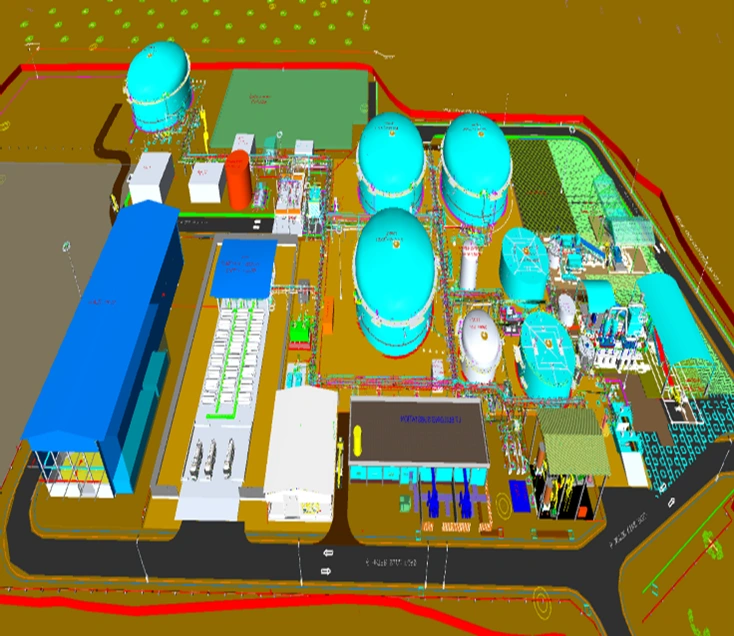 3D CAD rendering of an industrial anaerobic digestion biogas plant with multiple digesters, storage tanks, pipelines, gas upgrading units, and processing buildings.