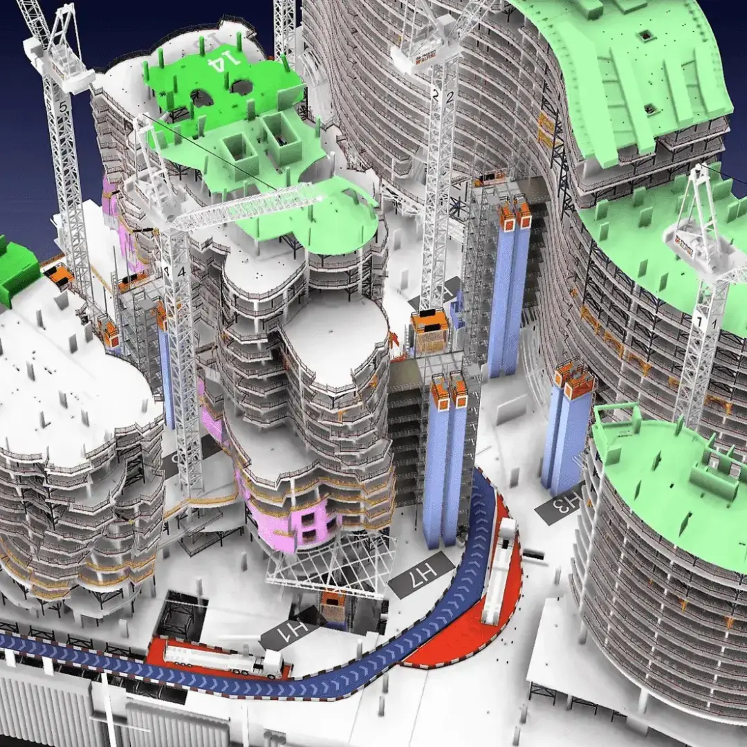 4D and 5D BIM model visualizing construction sequencing and cost simulation for a large multi‑tower project with cranes and staged progress.
