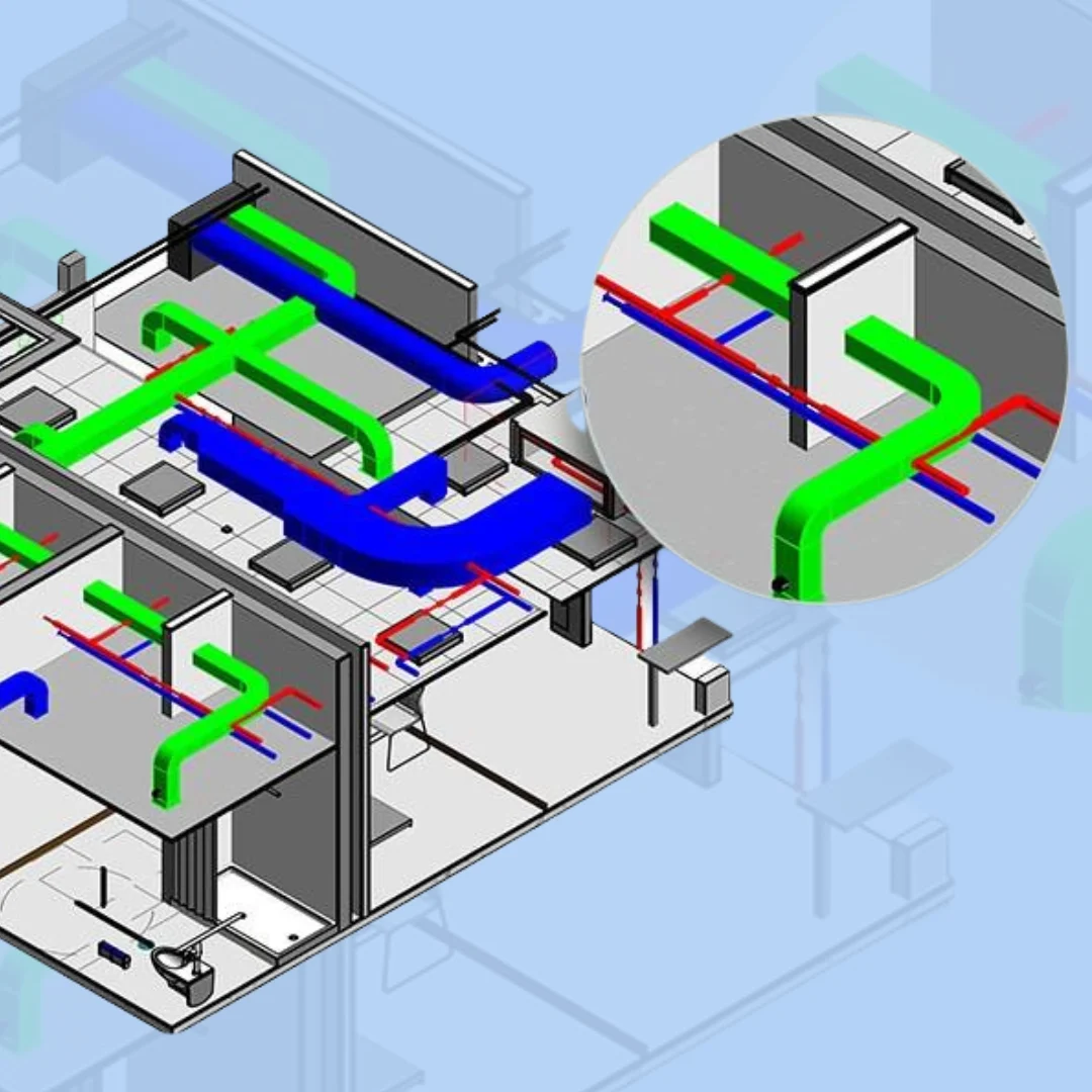 BIM clash detection model showing HVAC ductwork and MEP systems with highlighted conflicts in a 3D building layout.