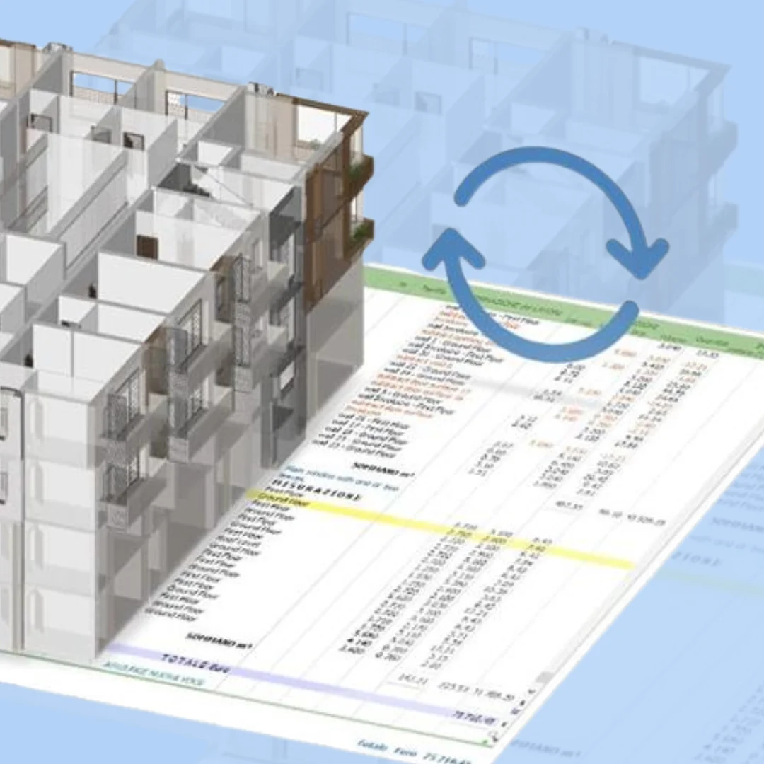 BIM quantity estimation model showing a 3D building with automated material takeoff and synchronized BOQ extraction.
