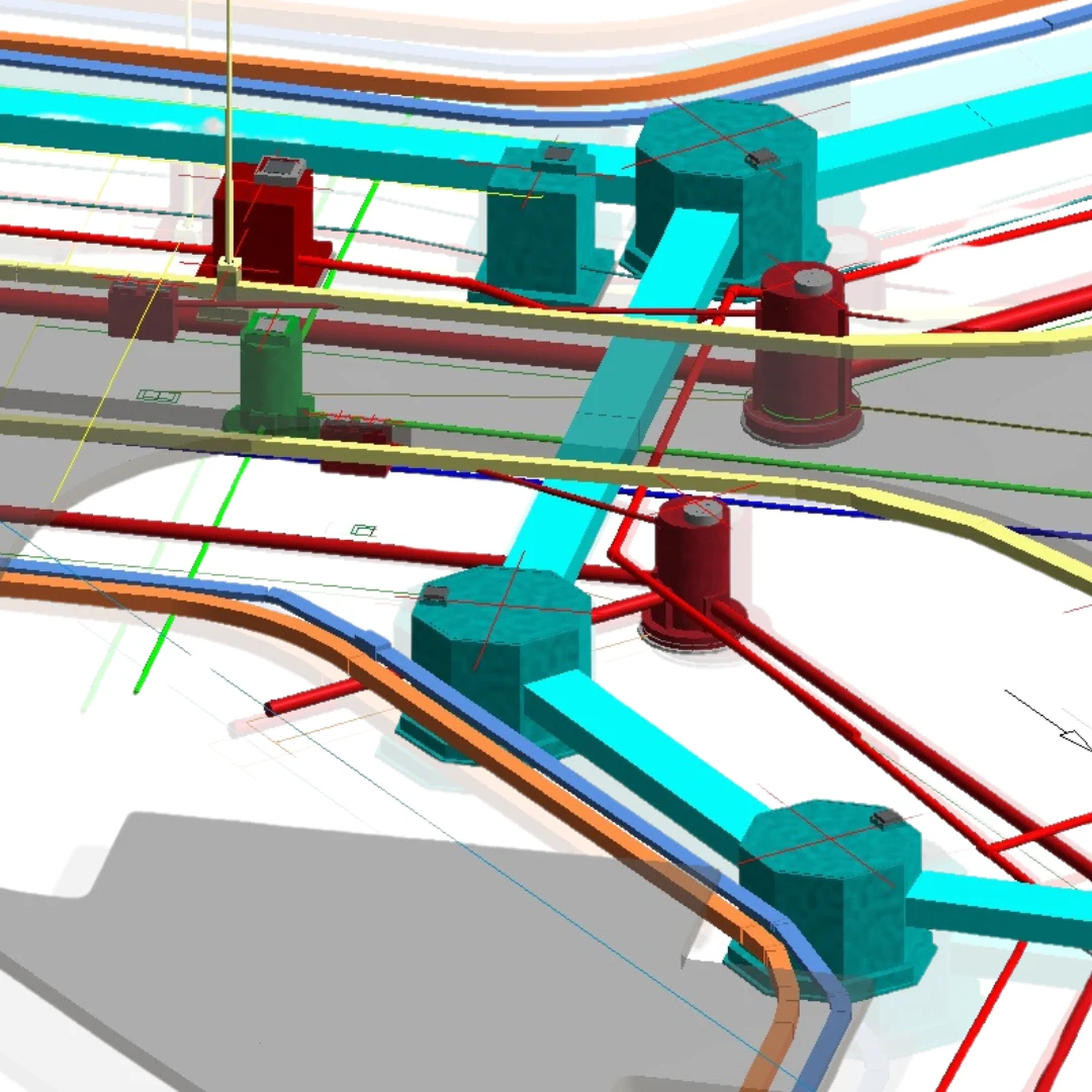 D infrastructure model of underground utilities showing coordinated water, sewer, storm, and electrical networks in an integrated BIM environment.