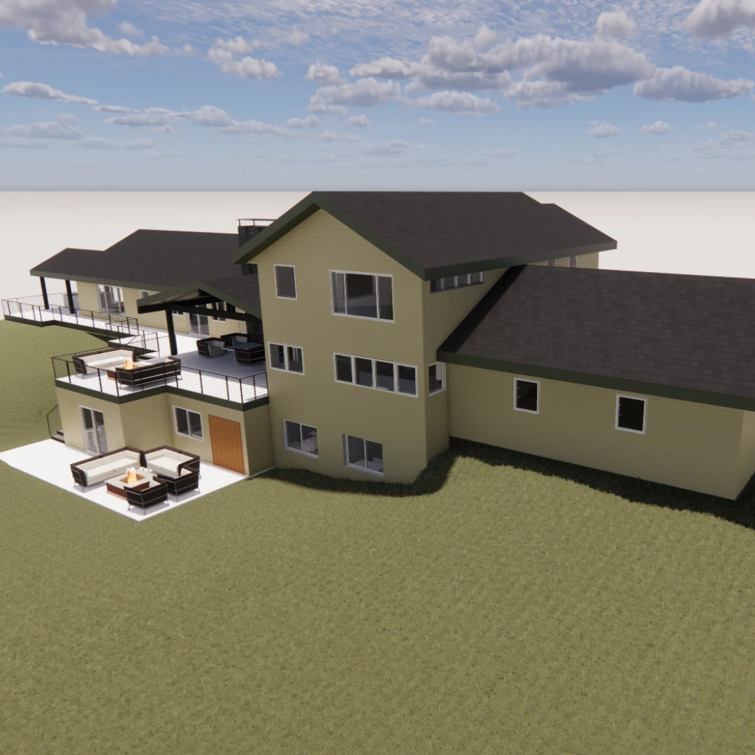 3D architectural rendering of a modern multi‑level residential house with outdoor seating areas and wide terrace spaces.