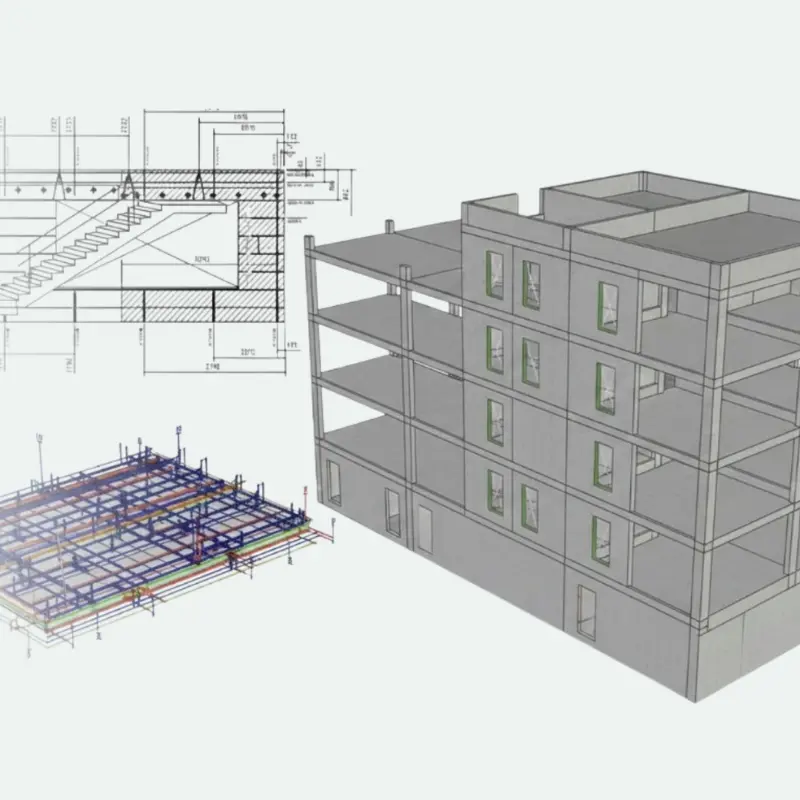 3D building model with structural layout and sectional drawing used for calculation and design.