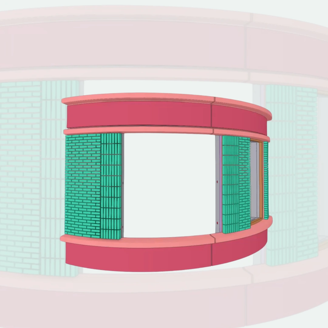 Curved precast sandwich panel with brick cladding, insulation, and structural detailing
